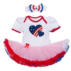 American Flag Double Hearts White Tulle Baby Romper Dress & Headband 2pcs